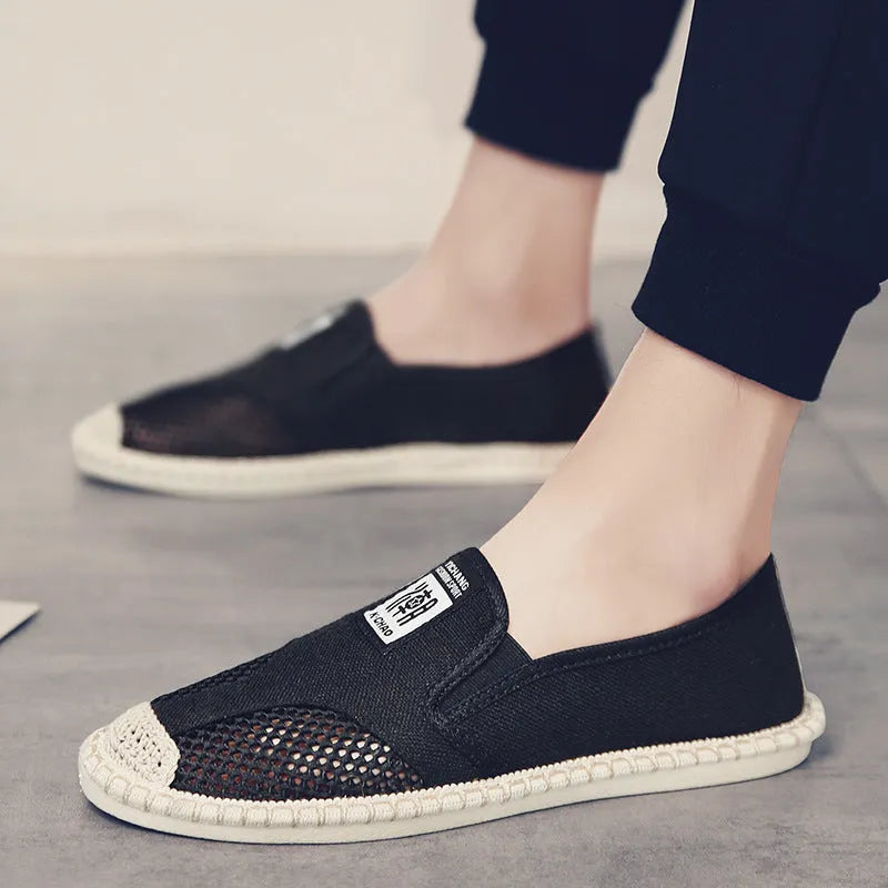 Men's summer canvas fisherman shoes, microfiber leather lazy slip-on, available in black, beige, and gray, sizes 39-44, with rubber sole