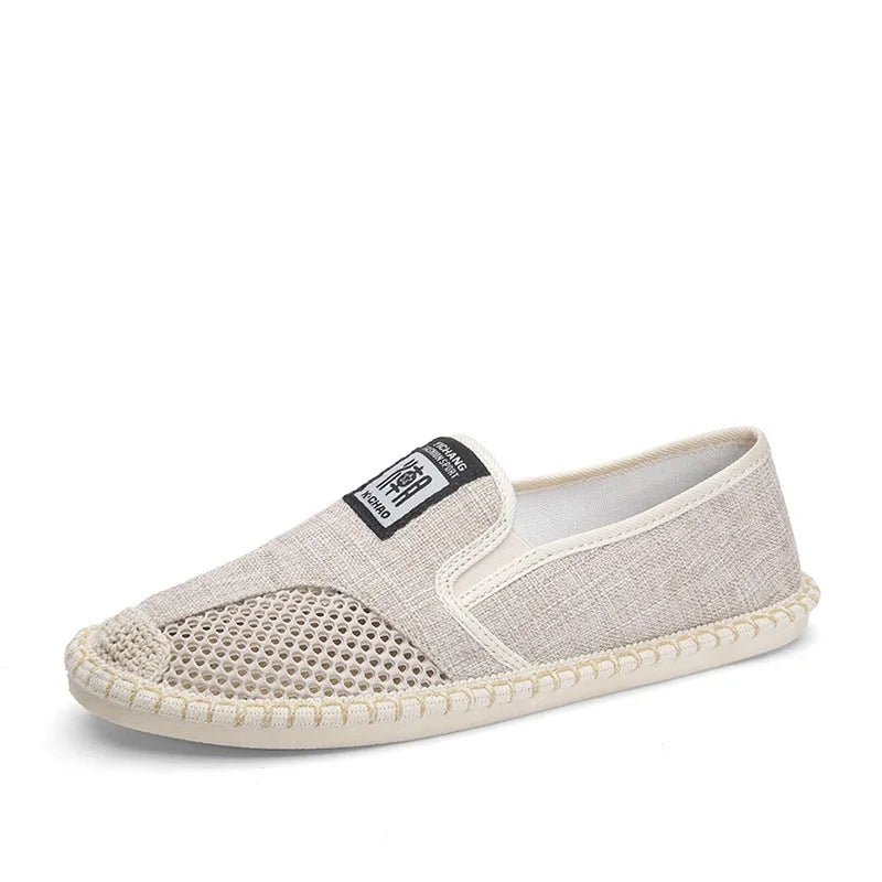 Men's summer canvas fisherman shoes, microfiber leather lazy slip-on, available in black, beige, and gray, sizes 39-44, with rubber sole