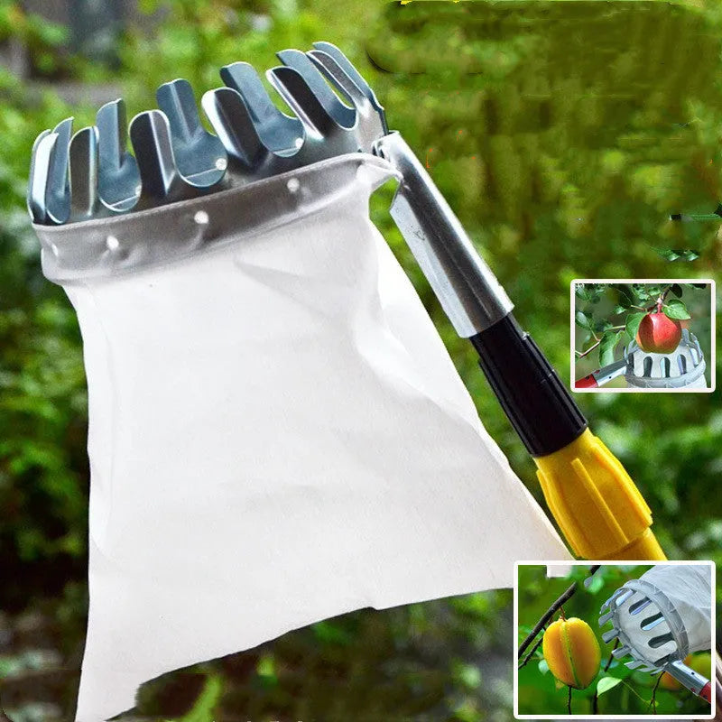 Steel frame fruit picker garden tool with a green cloth catcher bag for harvesting citrus and pears.