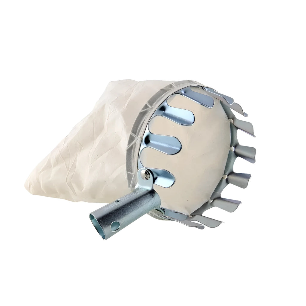 Steel frame fruit picker garden tool with a green cloth catcher bag for harvesting citrus and pears.