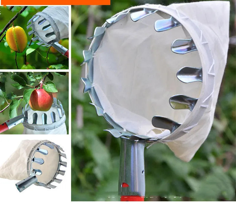 Steel frame fruit picker garden tool with a green cloth catcher bag for harvesting citrus and pears.