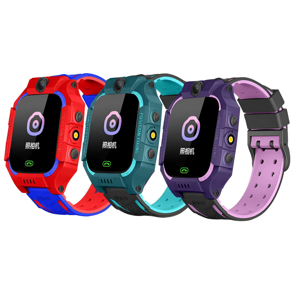 Z6 Q19 children's smart phone watch in green, purple, or red on a wrist, showing the 1.44-inch colour touch screen.