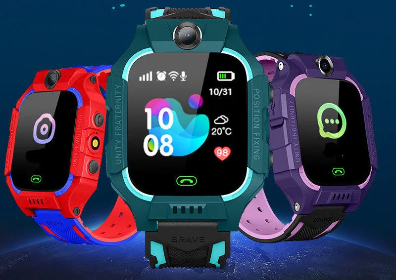 Z6 Q19 children's smart phone watch in green, purple, or red on a wrist, showing the 1.44-inch colour touch screen.