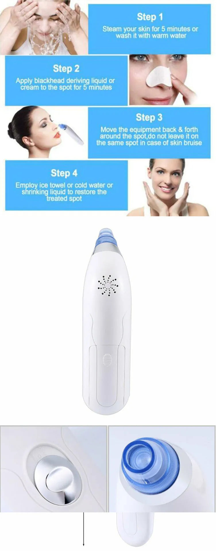 Electric pore cleaner with ultrasonic vibration, white and pink colour options for blackhead removal