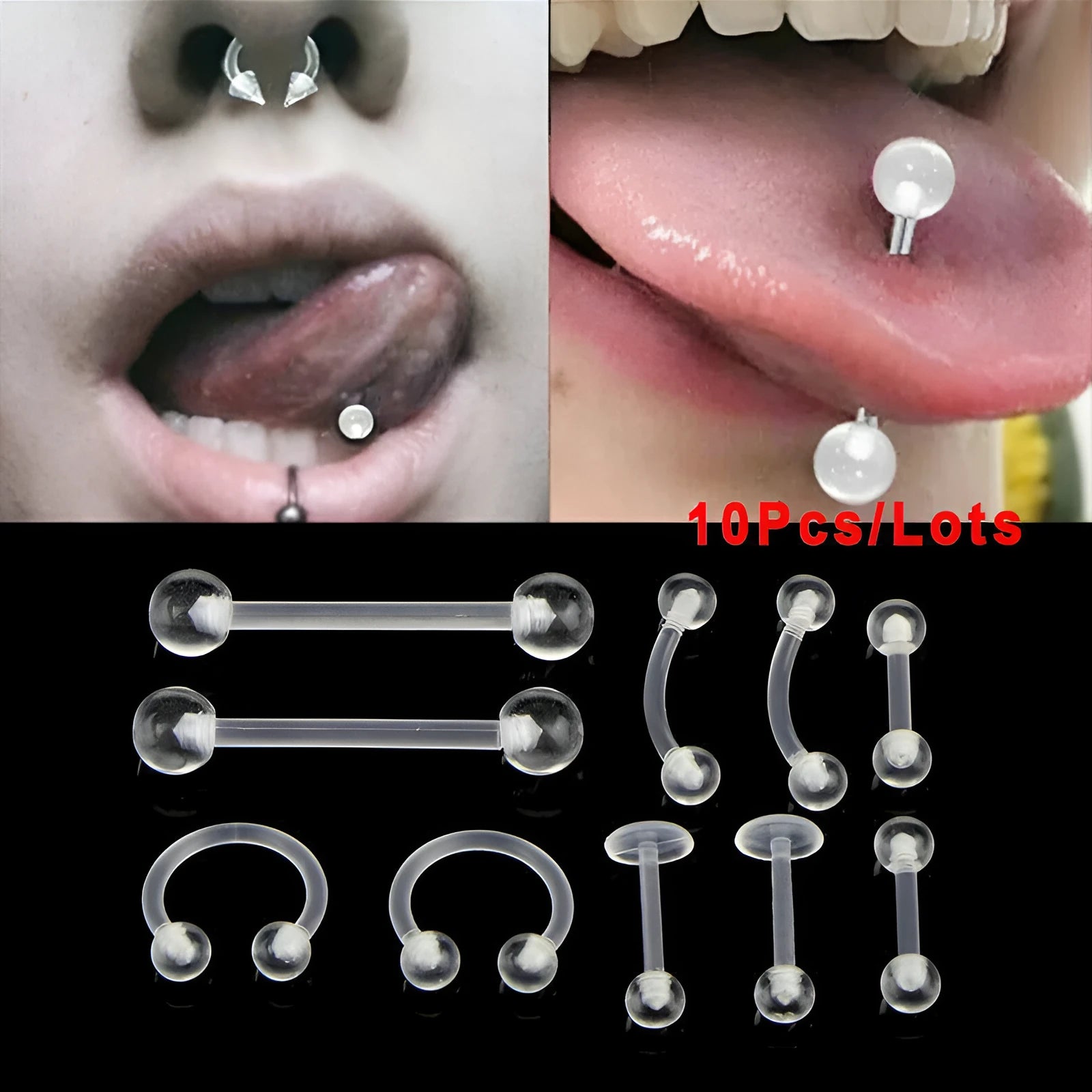 10 piece acrylic body piercing combination set white unisex including tongue nails eyebrow nails lip nails nasal ring ear bone nails