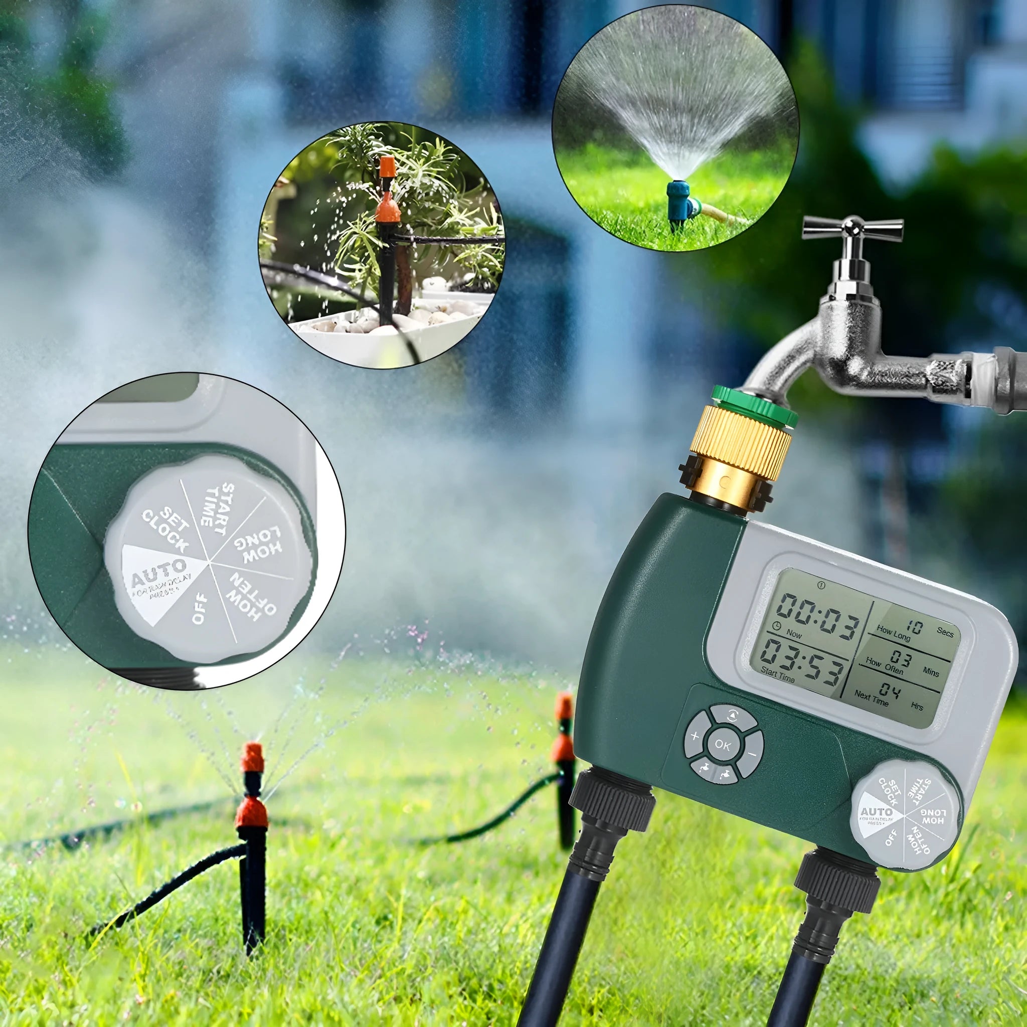 Green digital programmable hose timer with metal faucet connector and dual outlet ports for garden watering