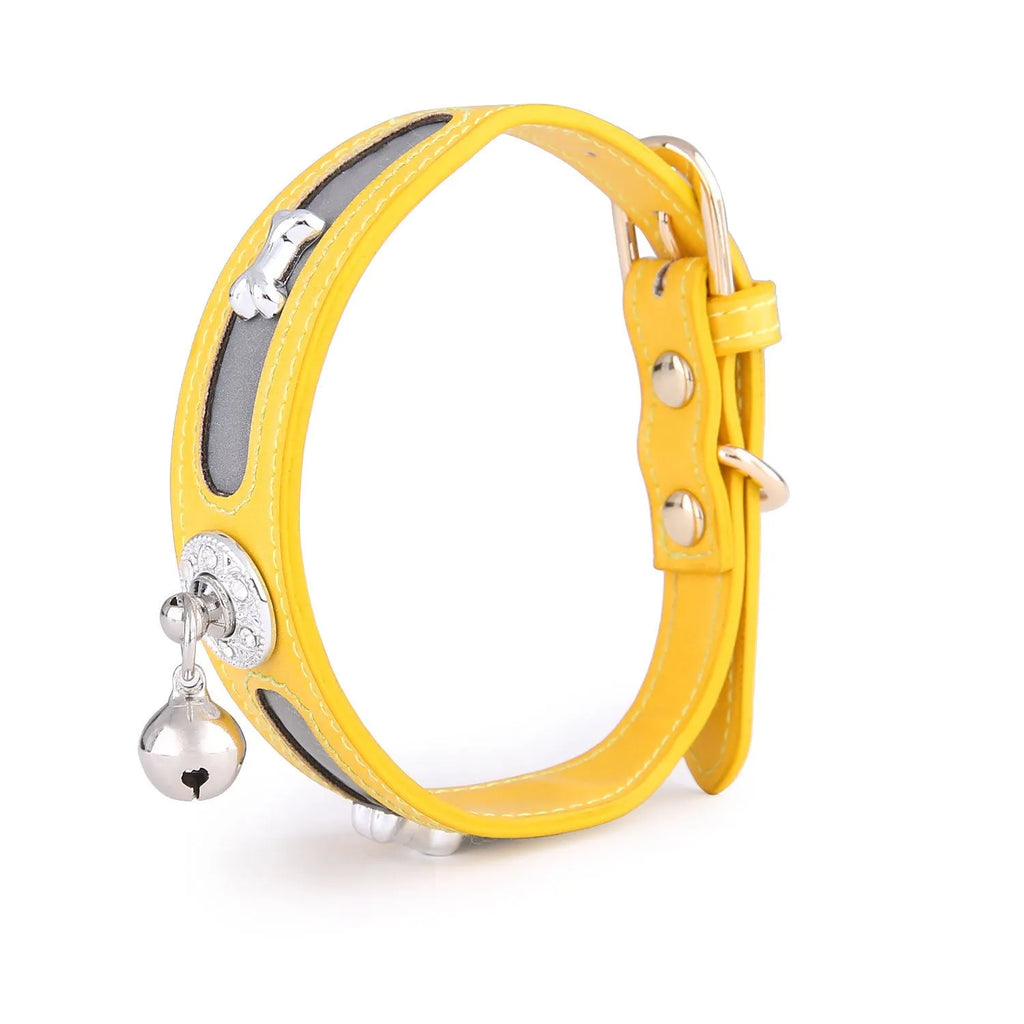 Reflective PU cat and dog collar, free size 25 to 32cm, monochrome pattern, shown in red, yellow, green, and black