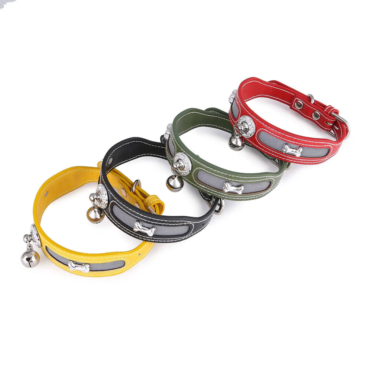 Reflective PU cat and dog collar, free size 25 to 32cm, monochrome pattern, shown in red, yellow, green, and black