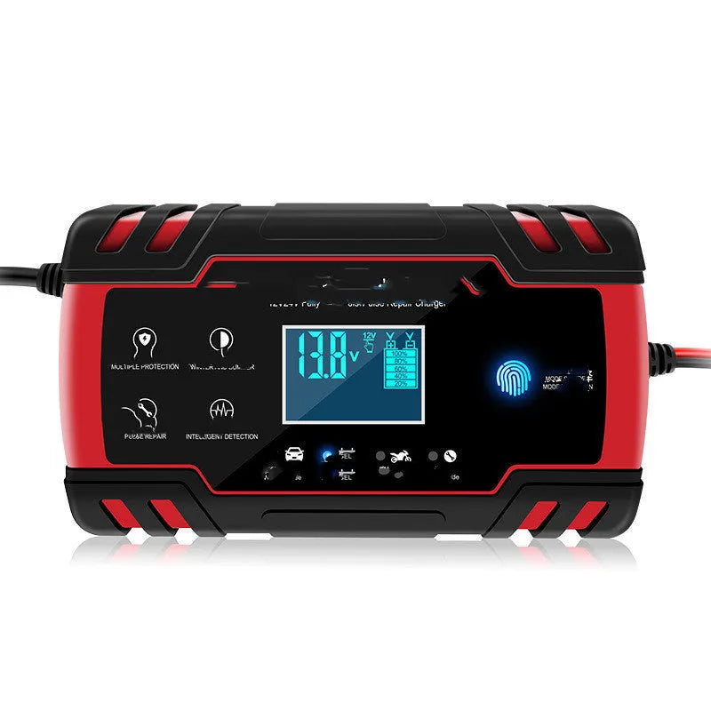 Red touch screen pulse motorcycle battery charger with a UK plug, ready for use