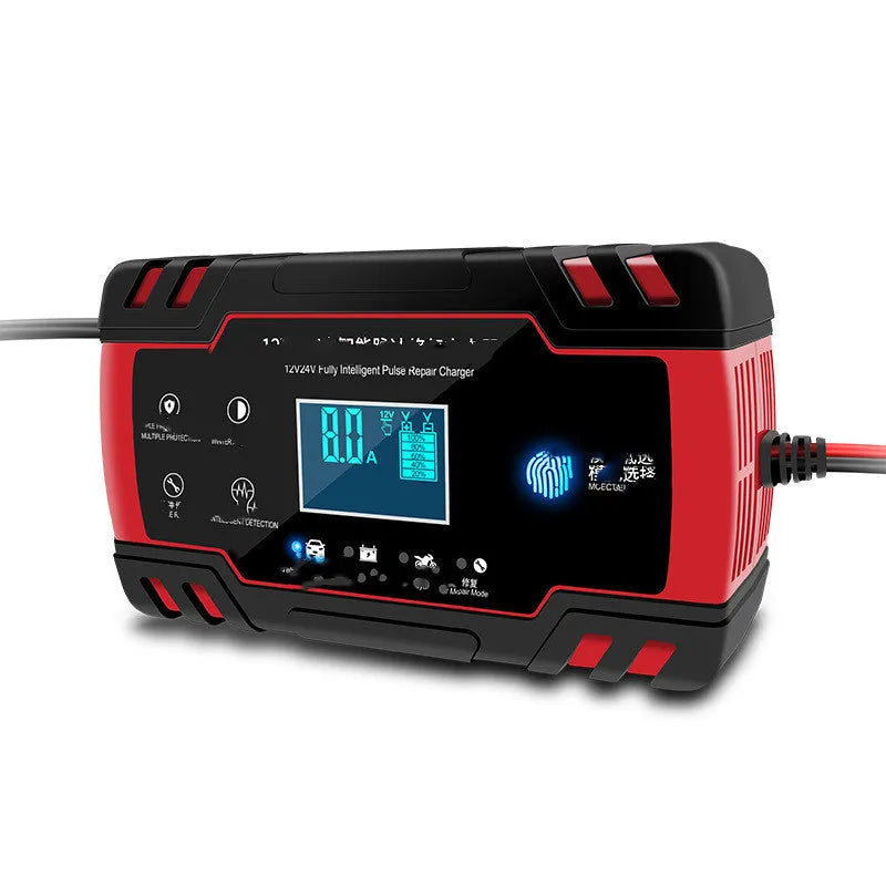 Red touch screen pulse motorcycle battery charger with a UK plug, ready for use