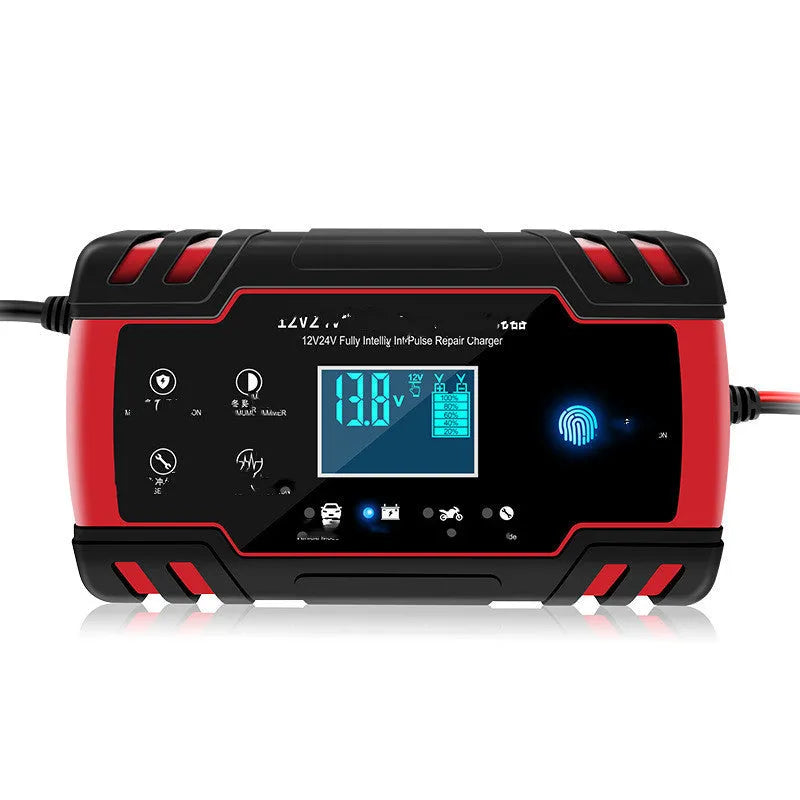Red touch screen pulse motorcycle battery charger with a UK plug, ready for use