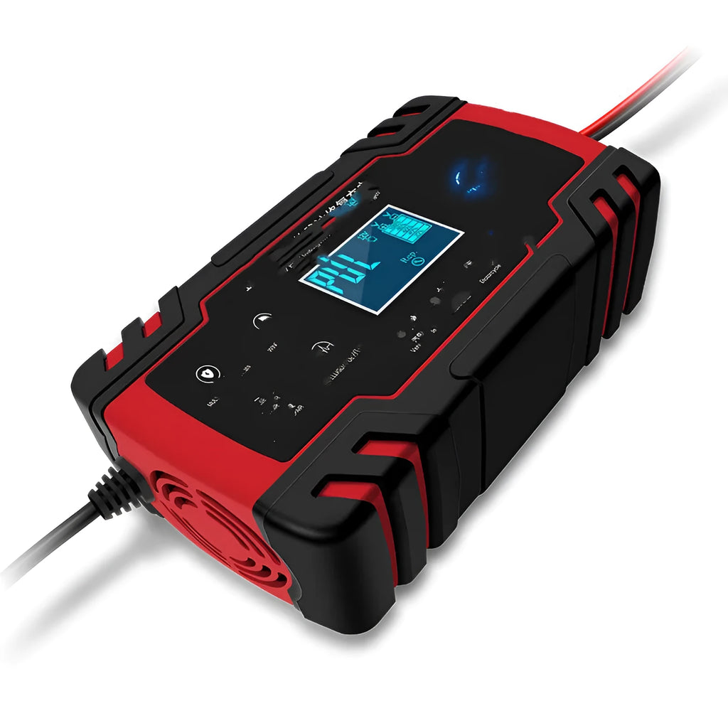 Red touch screen pulse motorcycle battery charger with a UK plug, ready for use