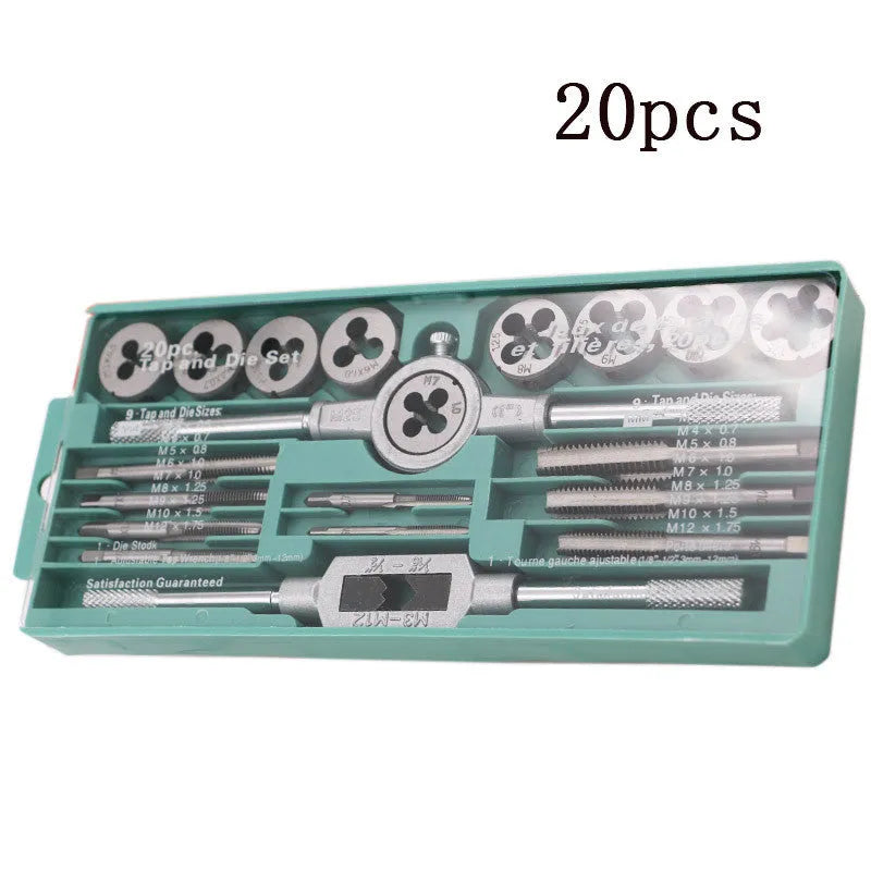 20-piece metric hand tap and die set with alloy steel tools shown in silver and titanium-plated finishes.