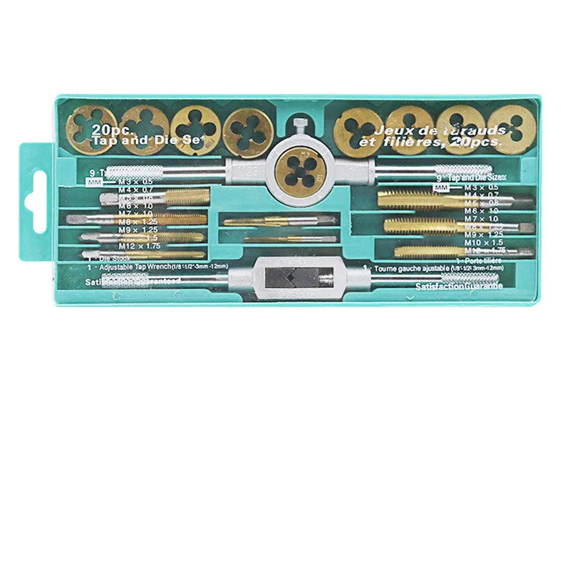 20-piece metric hand tap and die set with alloy steel tools shown in silver and titanium-plated finishes.