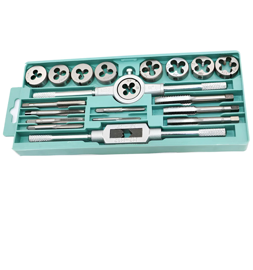 20-piece metric hand tap and die set with alloy steel tools shown in silver and titanium-plated finishes.
