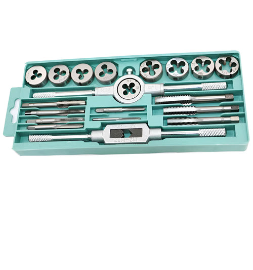 20-piece metric hand tap and die set with alloy steel tools shown in silver and titanium-plated finishes.