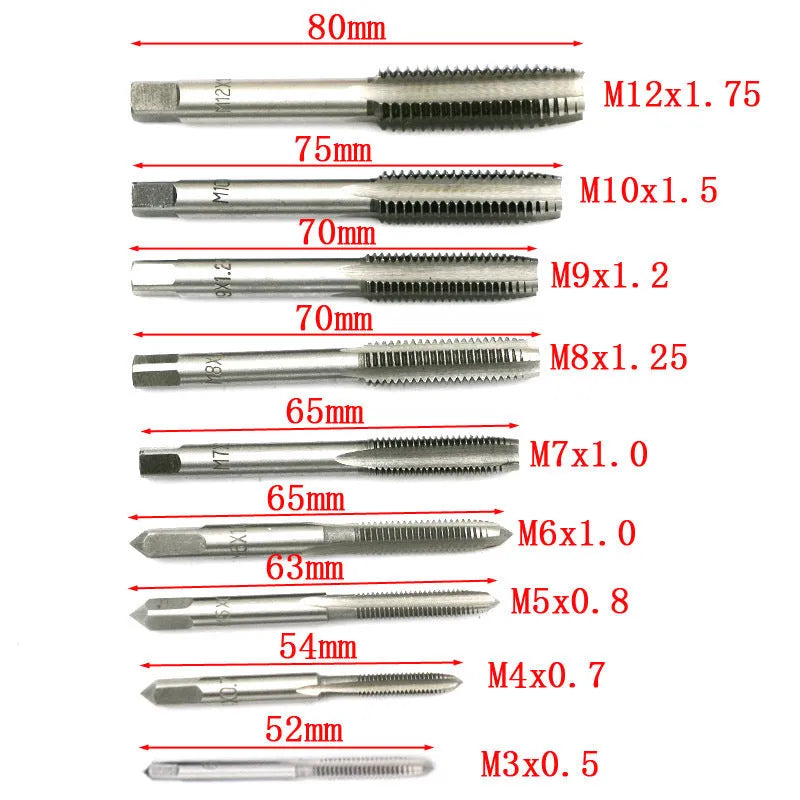 20-piece metric hand tap and die set with alloy steel tools shown in silver and titanium-plated finishes.