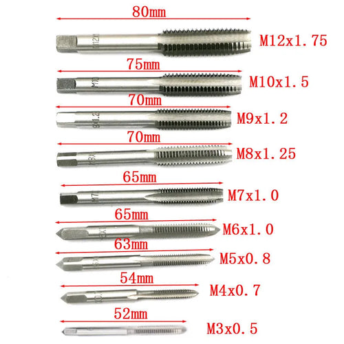 20-piece metric hand tap and die set with alloy steel tools shown in silver and titanium-plated finishes.
