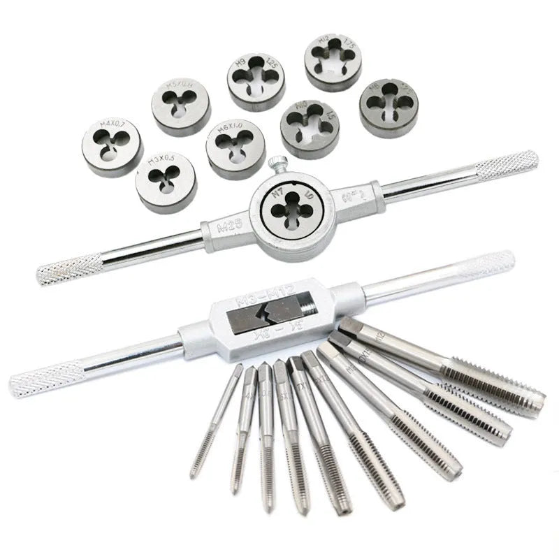 20-piece metric hand tap and die set with alloy steel tools shown in silver and titanium-plated finishes.