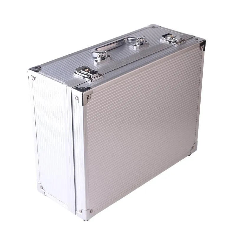 Black aluminium tattoo equipment case open, showing grey foam insert with custom-cut compartments for needles, inks, and machines.
