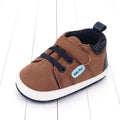 Cotton Velcro baby shoe for toddler boys in dark blue with non-slip sole and cartoon pattern