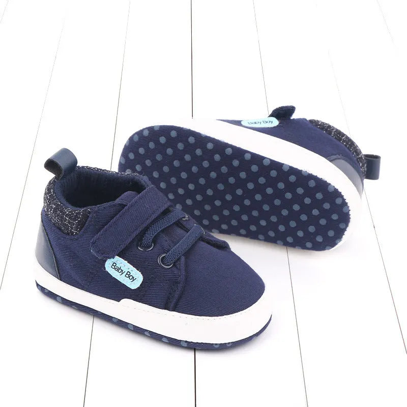 Cotton Velcro baby shoe for toddler boys in dark blue with non-slip sole and cartoon pattern