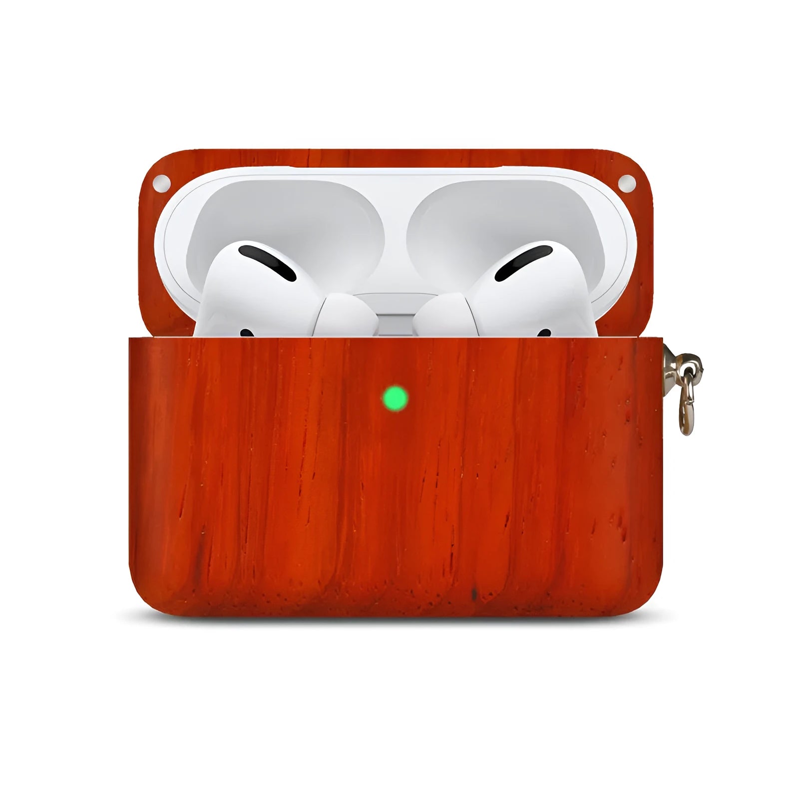 LZL solid wood earphone sleeve in walnut with attached lanyard, next to wireless earphones.