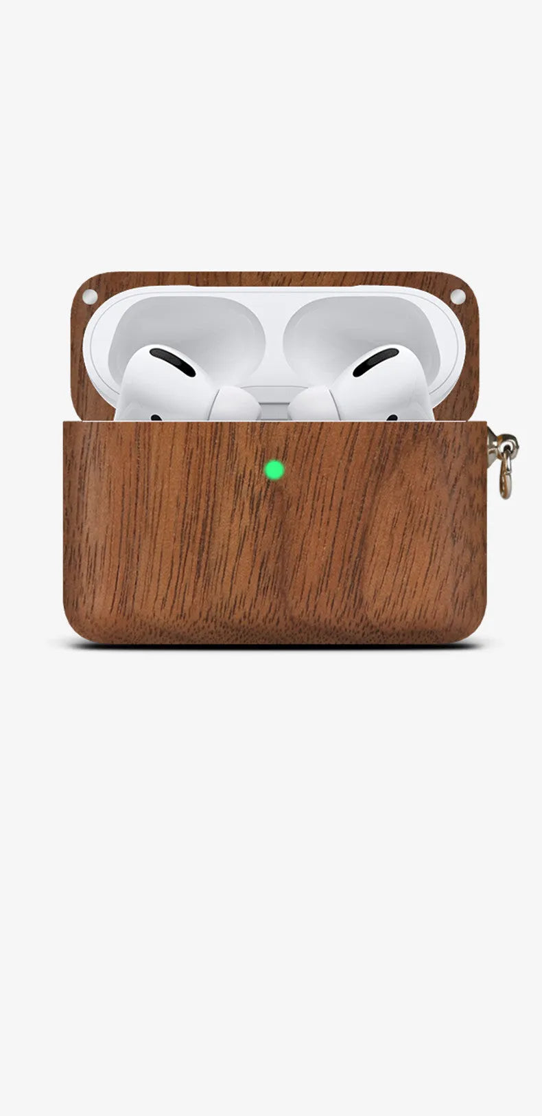 LZL solid wood earphone sleeve in walnut with attached lanyard, next to wireless earphones.