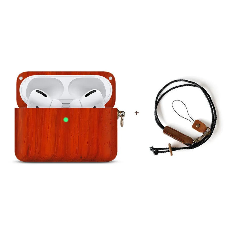 LZL solid wood earphone sleeve in walnut with attached lanyard, next to wireless earphones.