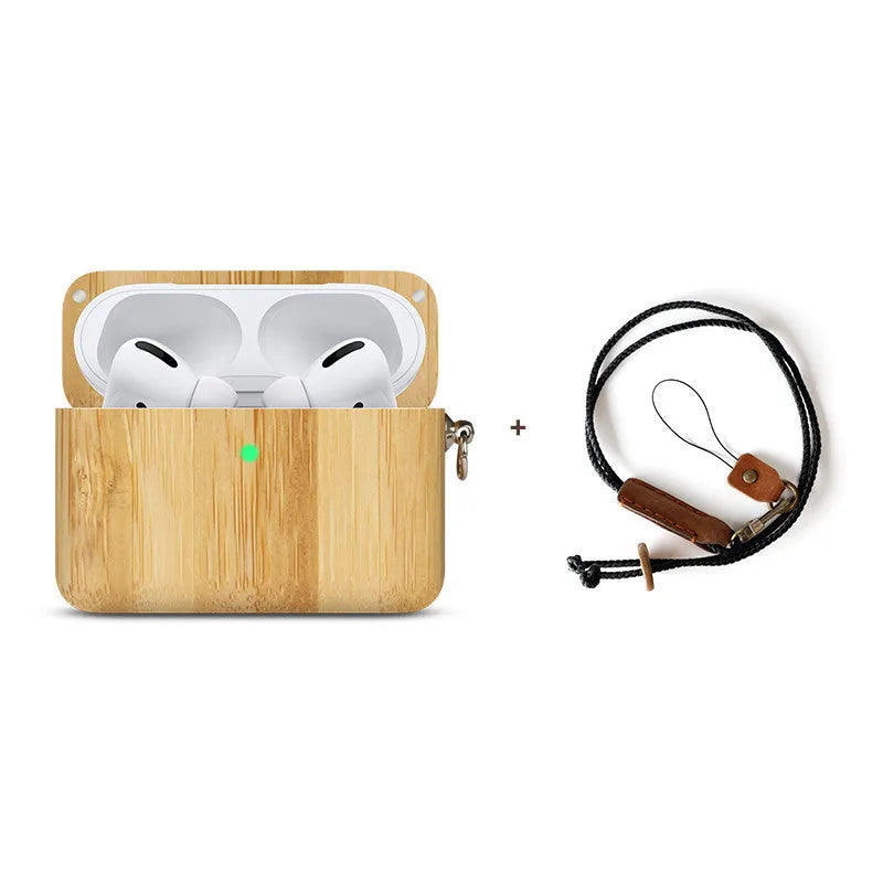 LZL solid wood earphone sleeve in walnut with attached lanyard, next to wireless earphones.