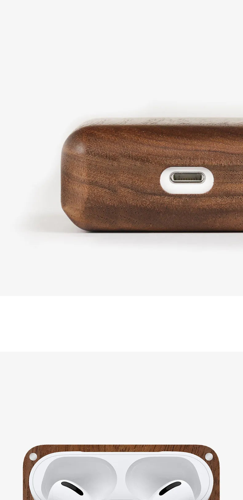 LZL solid wood earphone sleeve in walnut with attached lanyard, next to wireless earphones.
