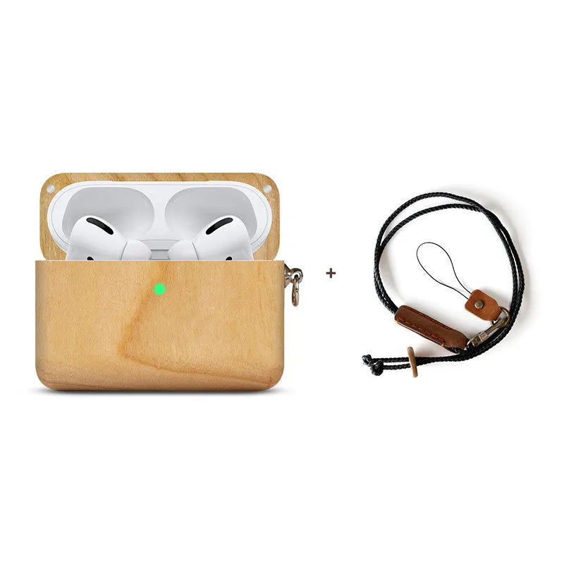 LZL solid wood earphone sleeve in walnut with attached lanyard, next to wireless earphones.