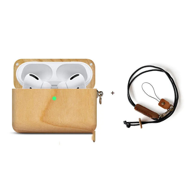 LZL solid wood earphone sleeve in walnut with attached lanyard, next to wireless earphones.