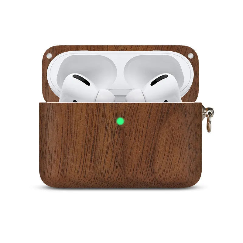 LZL solid wood earphone sleeve in walnut with attached lanyard, next to wireless earphones.