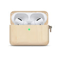 LZL solid wood earphone sleeve in walnut with attached lanyard, next to wireless earphones.