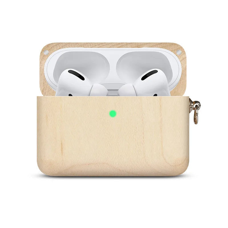 LZL solid wood earphone sleeve in walnut with attached lanyard, next to wireless earphones.