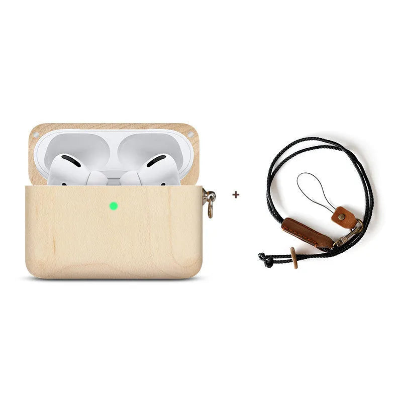 LZL solid wood earphone sleeve in walnut with attached lanyard, next to wireless earphones.