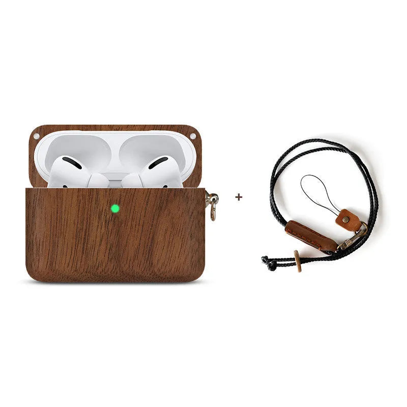 LZL solid wood earphone sleeve in walnut with attached lanyard, next to wireless earphones.