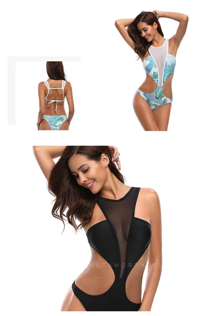 High waist mesh one-piece swimsuit in black with open back and chest pad