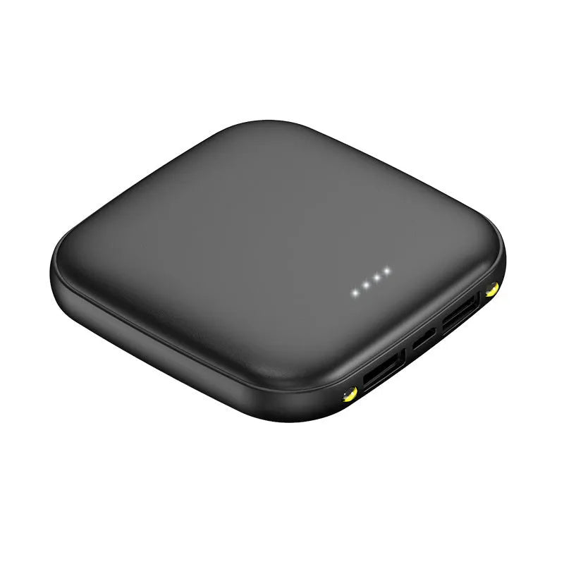 Compact black plastic power bank with an LED flashlight, showing its size and design.