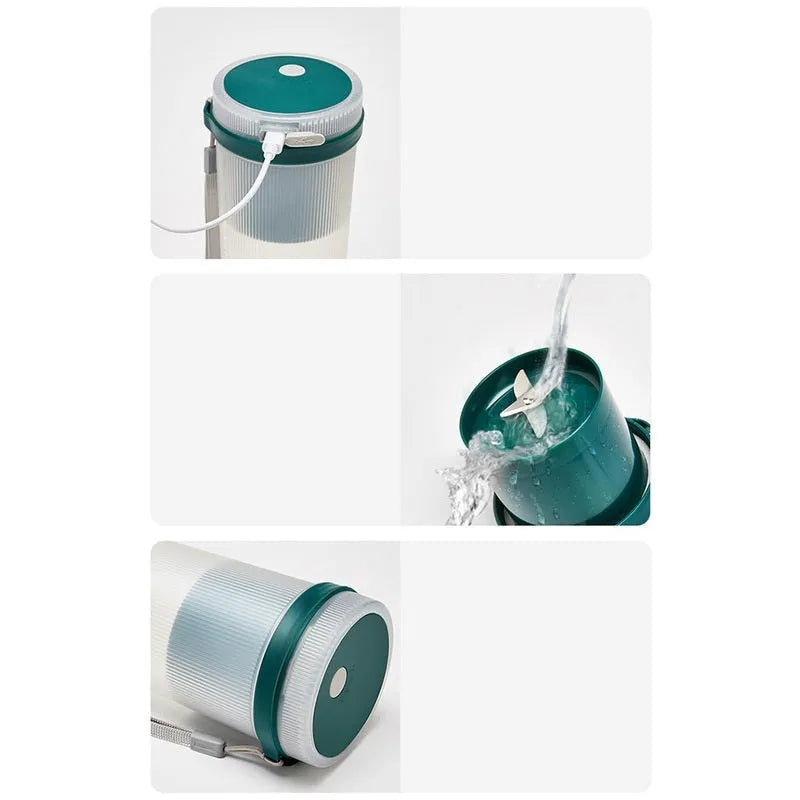 Portable pink electric juicer cup with USB charging port and pulp collection box