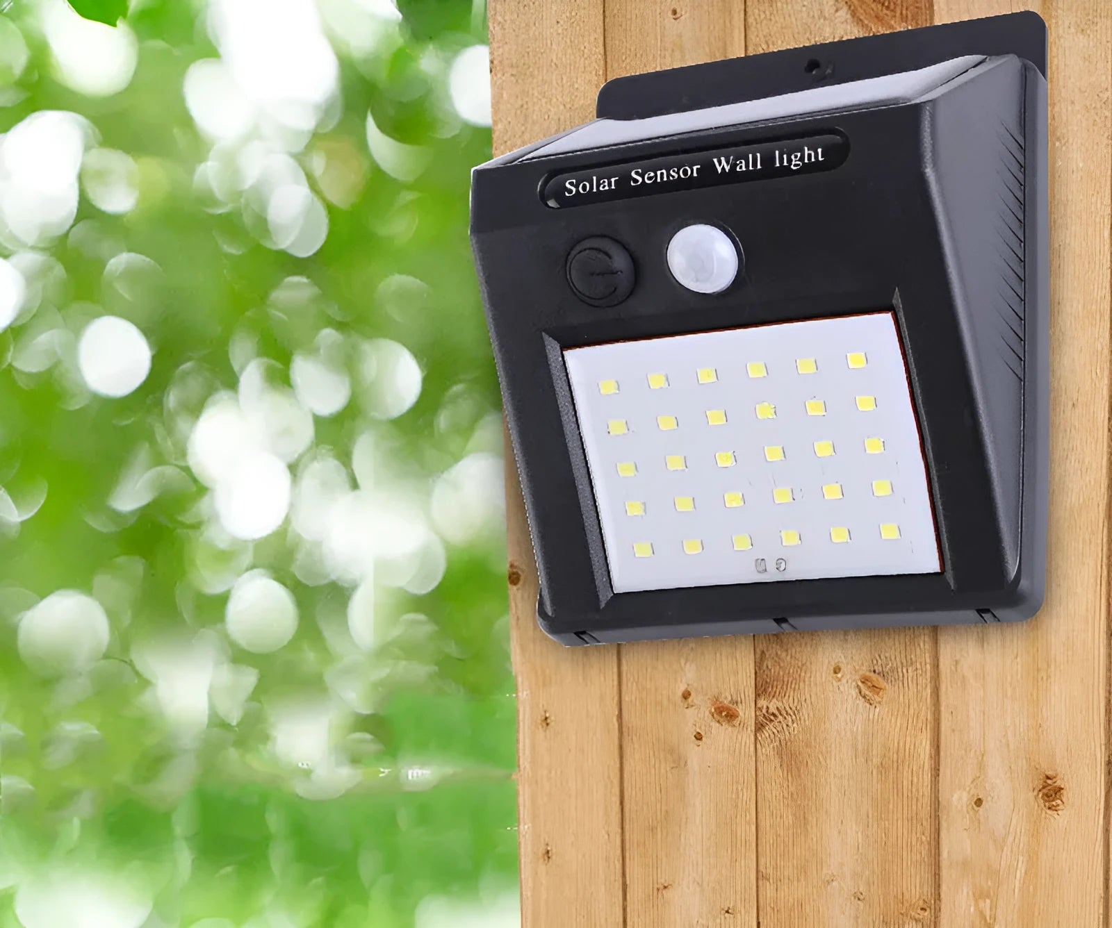 Solar outdoor garden lamp with LED lights and motion sensor in garden setting