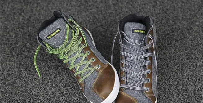 Tiger Boots men's black and grey casual motorcycle short boots with breathable design and anti-slip sole.