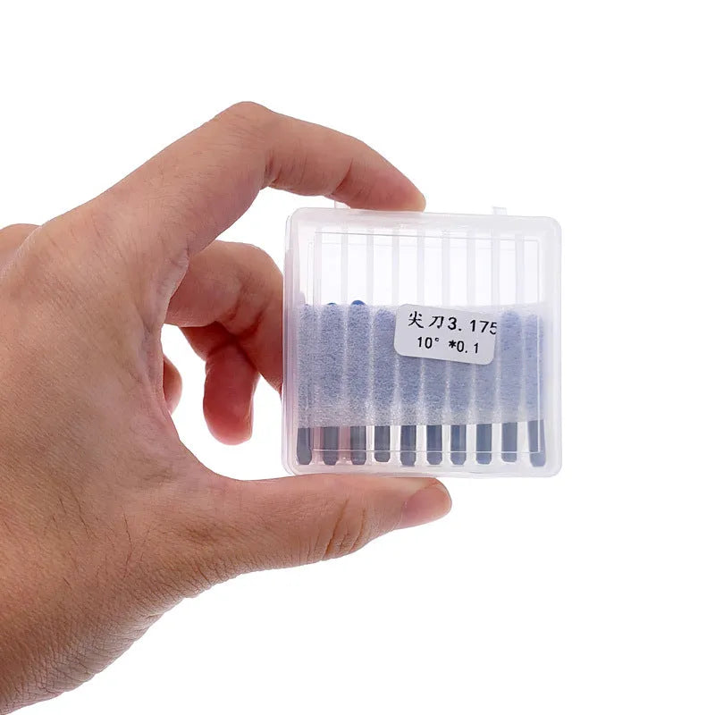 Ten tungsten steel engraving knives with sharp 45-degree tips for acrylic cutting, shown in packaging.