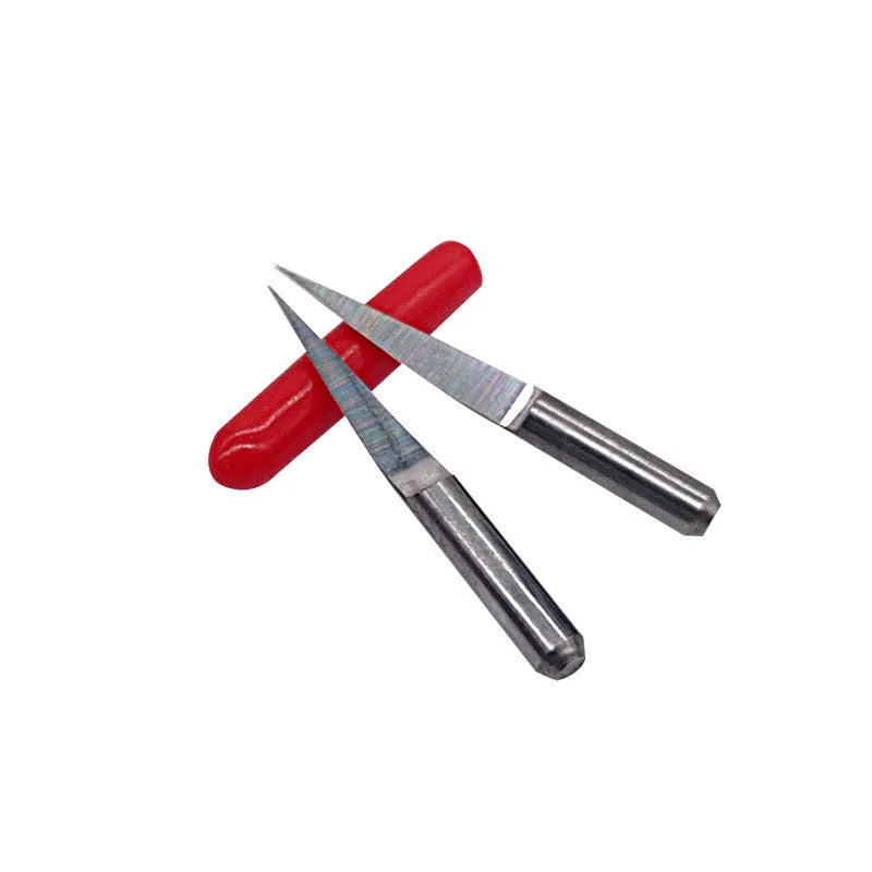 Ten tungsten steel engraving knives with sharp 45-degree tips for acrylic cutting, shown in packaging.