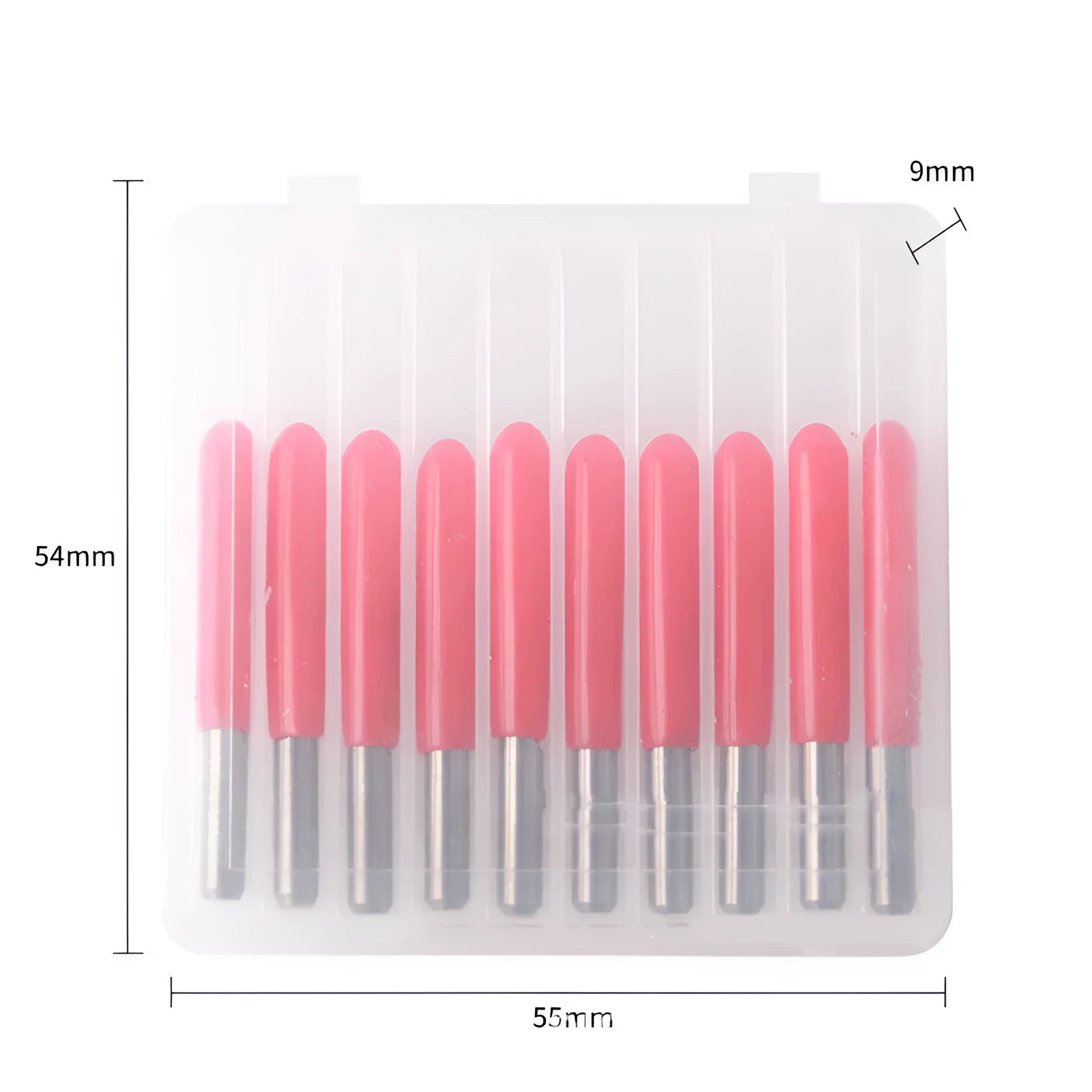 Ten tungsten steel engraving knives with sharp 45-degree tips for acrylic cutting, shown in packaging.