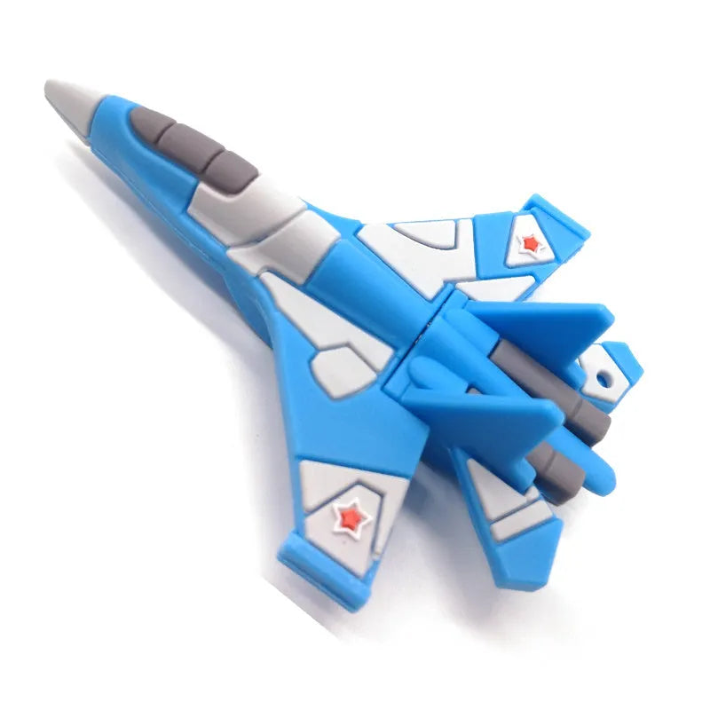 White aircraft-shaped USB 3.0 flash drive with blue details and a small chain