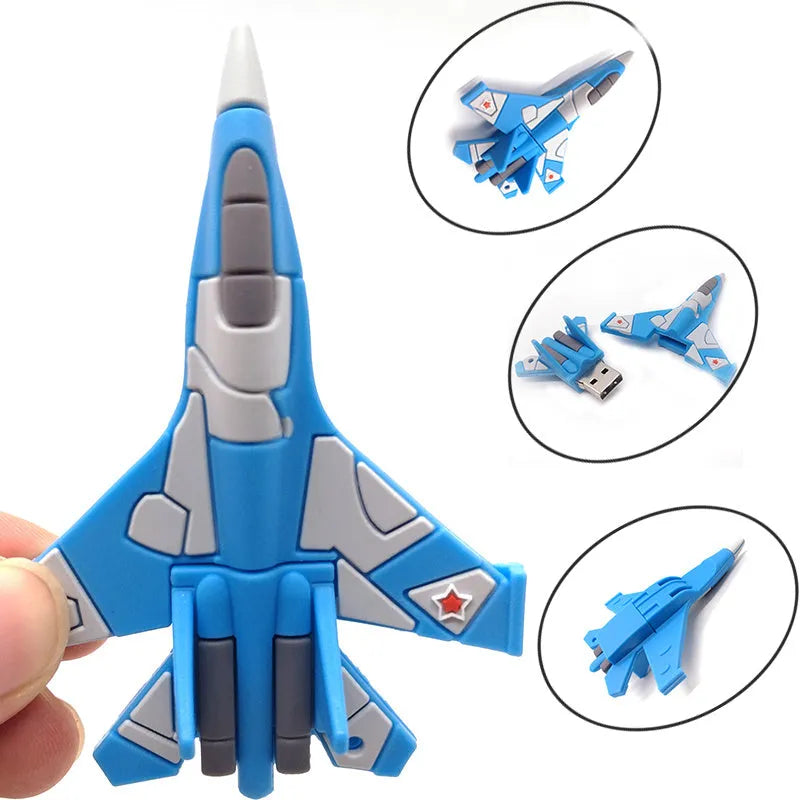 White aircraft-shaped USB 3.0 flash drive with blue details and a small chain