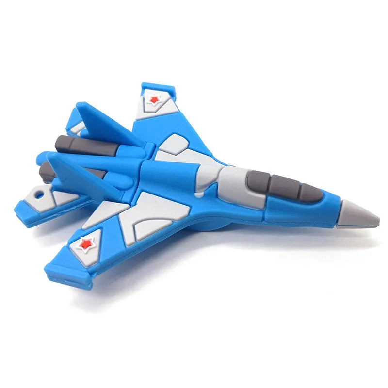 White aircraft-shaped USB 3.0 flash drive with blue details and a small chain