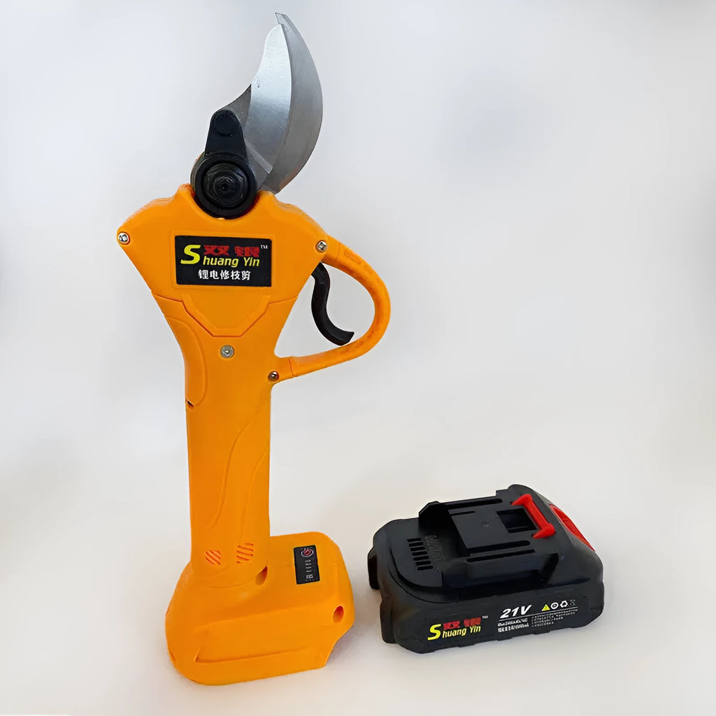 Orange electric branch shears for fruit tree pruning with lithium battery